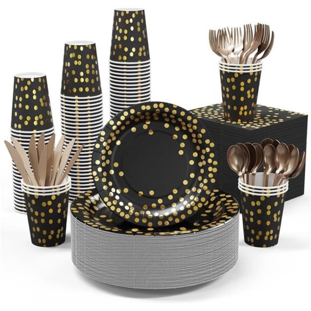 Black and Gold Party Supplies - 350 PCS Disposable Dinnerware Set - Black Plates